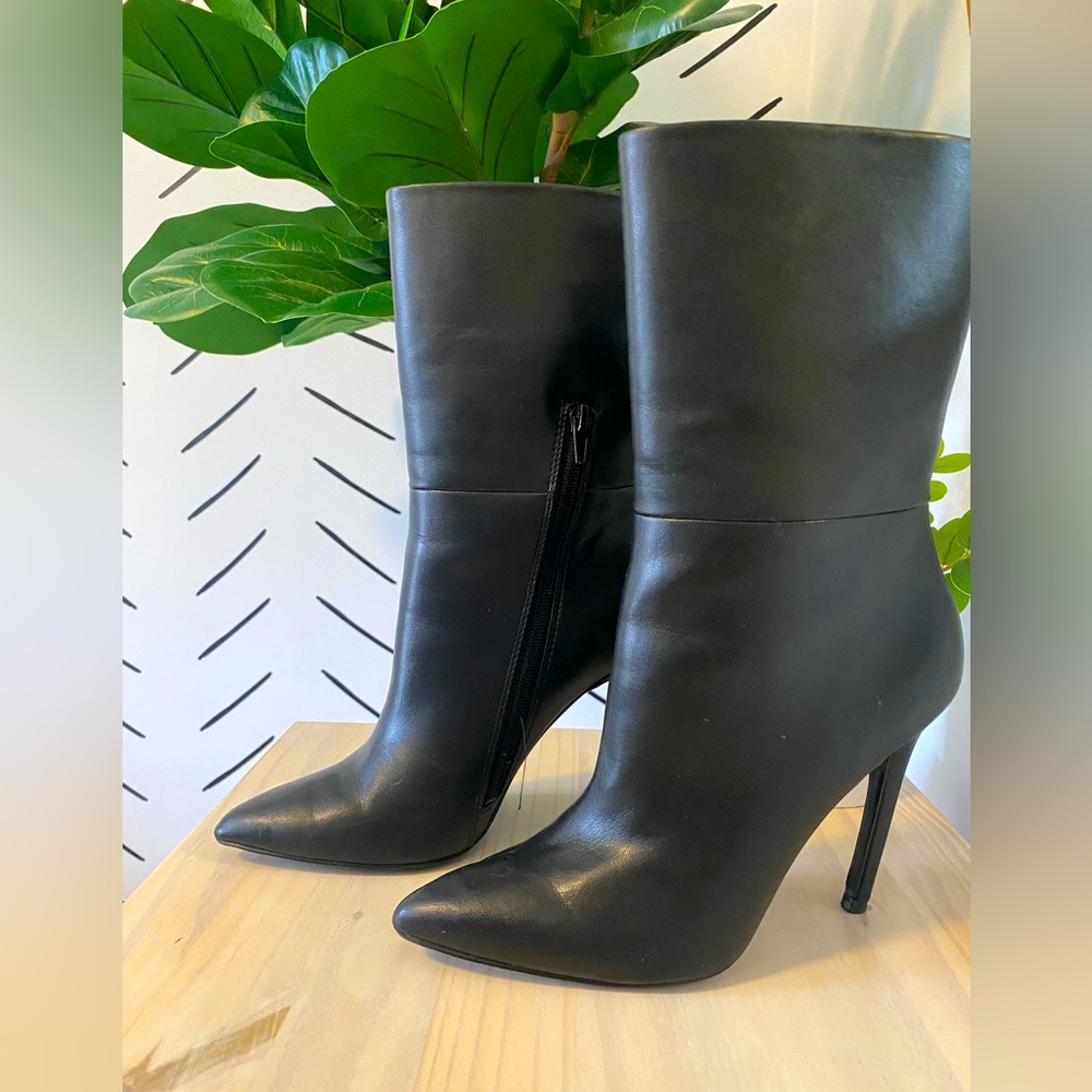 Faux Leather Black Mid-Calf Heeled Bootie